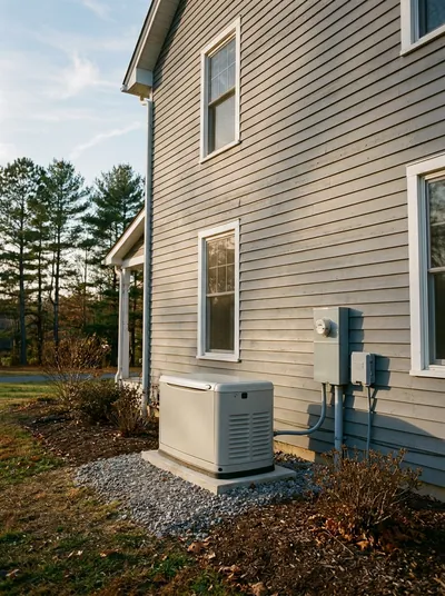 Illustration: a standby generator on a concrete pad beside a gray-sided house, its conduit running to the electric meter and a disconnect box